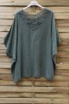 TOP LINEN BACK LACE + NECKLACE 0773 MILITARY GREEN