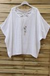 TOP IN LINO SCHIENA IN PIZZO + COLLANA 0773 BIANCO