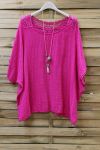 TOP IN LINO SCHIENA IN PIZZO + COLLANA 0773 FUSHIA