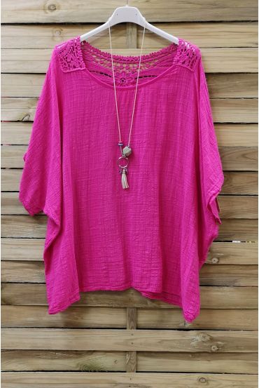 TOP IN LINO SCHIENA IN PIZZO + COLLANA 0773 FUSHIA