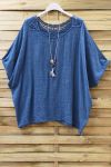 TOP IN LINO SCHIENA IN PIZZO + COLLANA 0773 BLU