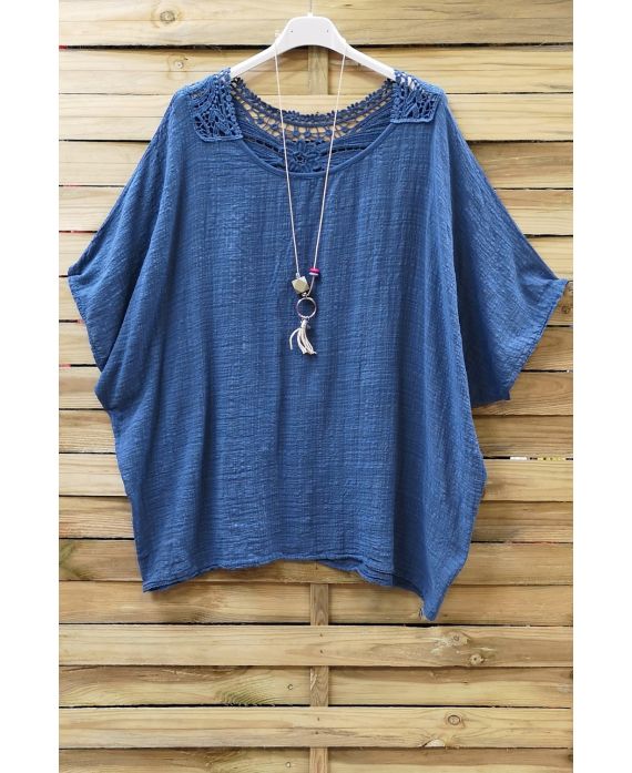 TOP LINEN BACK LACE + NECKLACE 0773 BLUE