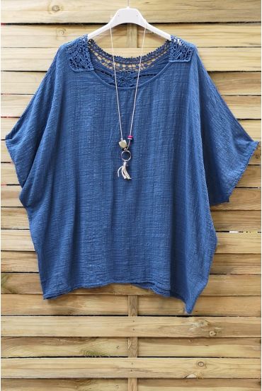 TOP LINEN BACK LACE + NECKLACE 0773 BLUE