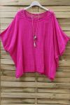 TOP IN LINO SCHIENA IN PIZZO + COLLANA 0773 FUSHIA