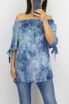 TOP FLORAL ENCOLURE ELASTIQUEE 0772 BLEU