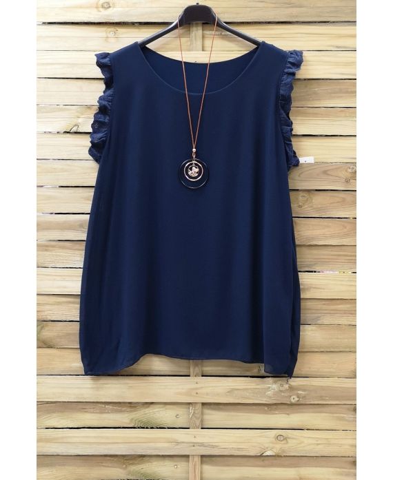 DI GRANDI DIMENSIONI TOP, SENZA MANICHE PIZZO + COLLANA 0830 DI REGISTRAZIONE BLU NAVY