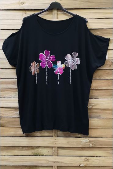 LARGE SIZE T-SHIRT FLOCKING AND SHOULDERS OPEN 0871 BLACK