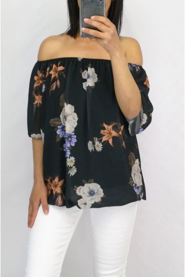 TOP GORDIJN MET PRINTS 0886 ZWART