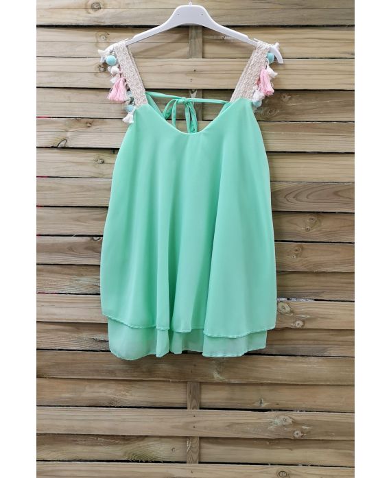 TOP BRETELLES A POMPONS 0890 VERT PASTEL