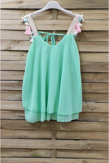 TOP BRETELLES A POMPONS 0890 VERT PASTEL