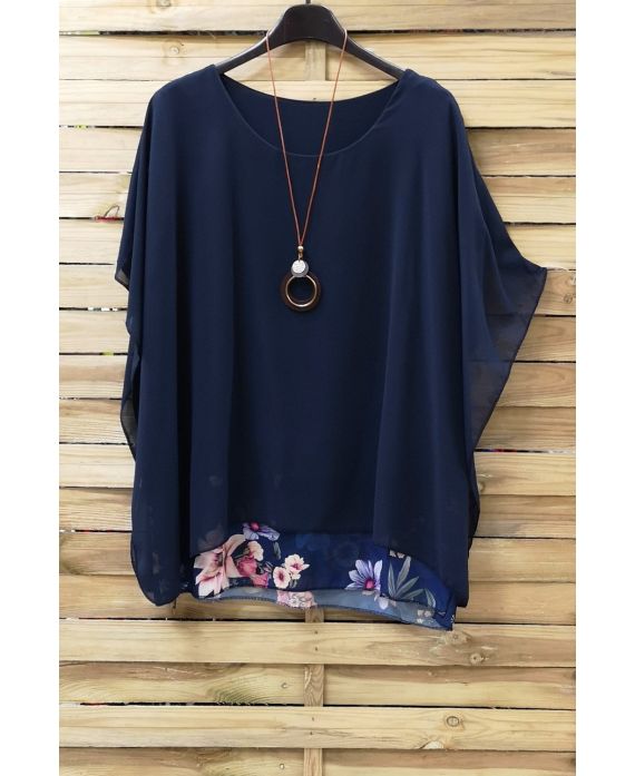 GRANDE TAILLE TUNIQUE SUPERPOSEE + COLLIER 0938 BLEU MARINE