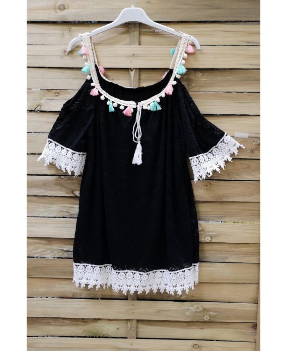 TUNIC LACE AND POM-POMS 0977 BLACK