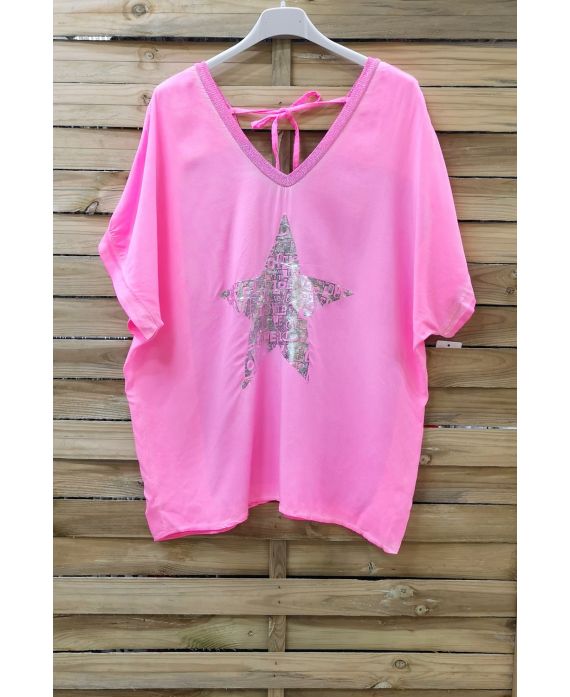 T-SHIRT EFFET DELAVE ETOILE 1008 ROSE FLUO