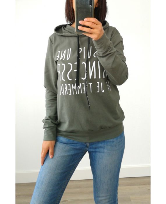 SWEAT A CAPUCHE JE SUIS UNE PRINCESSE 3004 VERT MILITAIRE