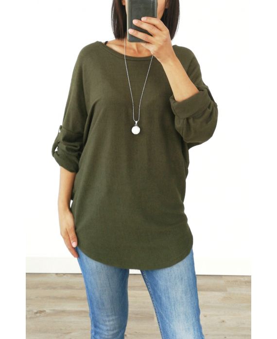 PULL DOUX + COLLIER OFFERT 3005 VERT MILITAIRE