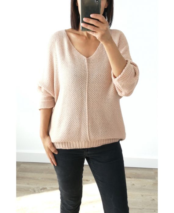 PULL EN MAILLE COL V 3019 ROSE