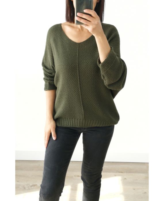 PULL EN MAILLE COL V 3019 VERT MILITAIRE