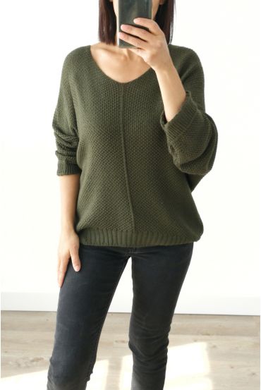 PULL EN MAILLE COL V 3019 VERT MILITAIRE