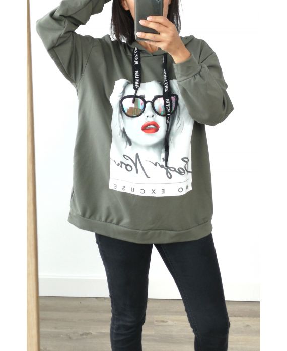 SWEAT OVERSIZE A CAPUCHE FEMME 3022 VERT MILITAIRE