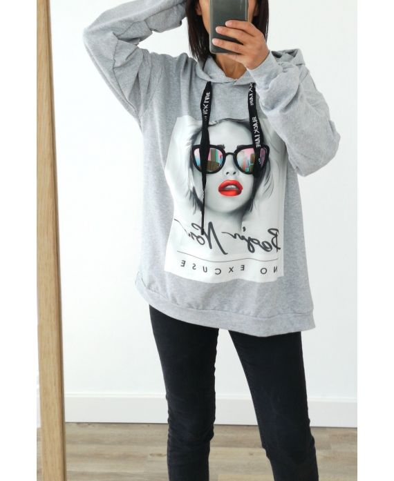 SWEATSHIRT MIT OVERSIZE KAPUZE HAT FRAU 3022 GRAU