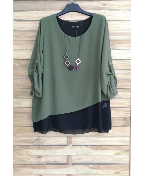 GRANDE TAILLE TUNIQUE SUPERPOSEE + COLLIER OFFERT 3057 VERT MILITAIRE