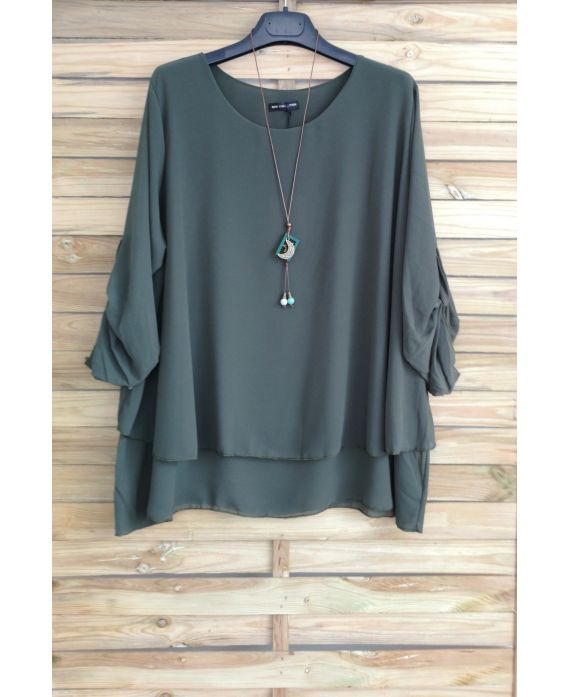 GRANDE TAILLE TUNIQUE SUPERPOSEE + COLLIER OFFERT 3054 VERT MILITAIRE