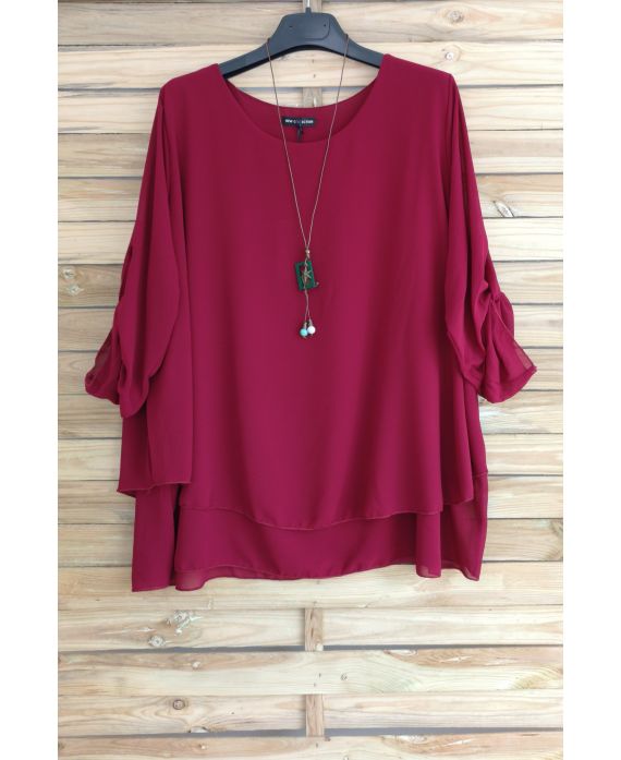 GRANDE TAILLE TUNIQUE SUPERPOSEE + COLLIER OFFERT 3054 BORDEAUX