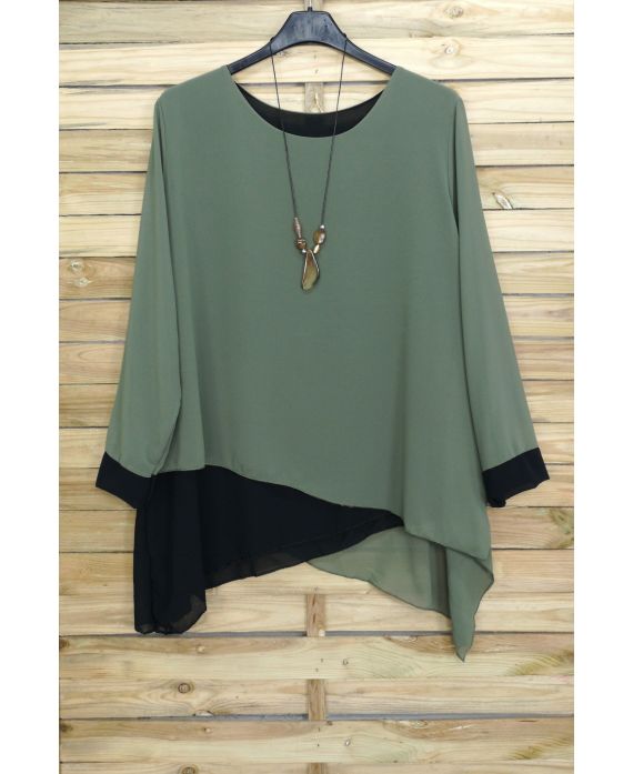 GRANDE TAILLE TUNIQUE SUPERPOSEE + COLLIER OFFERT 3075 VERT MILITAIRE