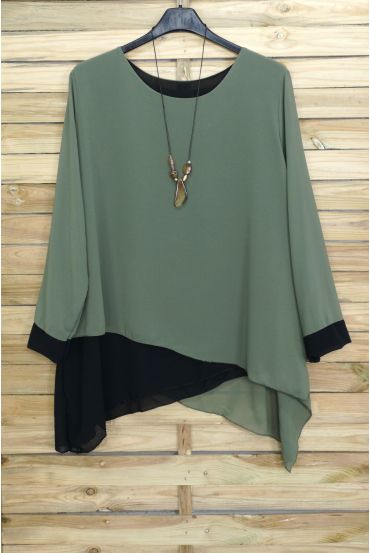 GRANDE TAILLE TUNIQUE SUPERPOSEE + COLLIER OFFERT 3075 VERT MILITAIRE