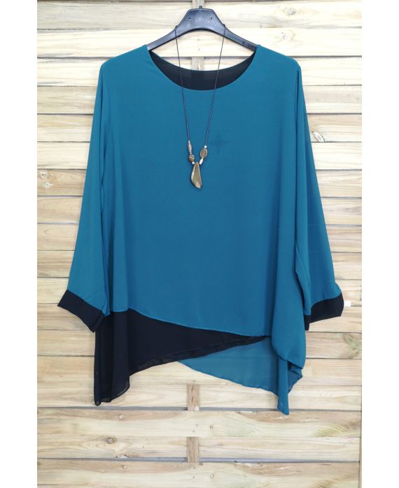 GRANDE TAILLE TUNIQUE SUPERPOSEE + COLLIER OFFERT 3075 BLEU LAGON