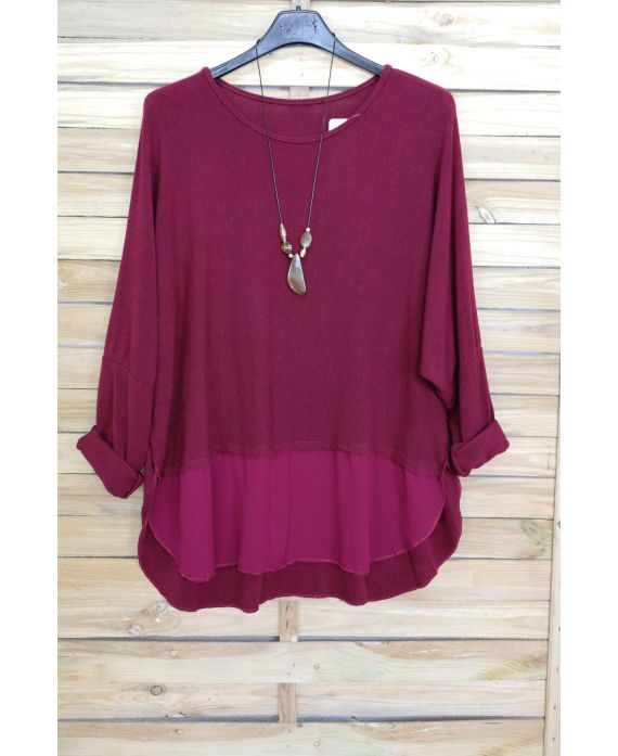 GRANDE TAILLE PULL BI-MATIERE + COLLIER OFFERT 3077 BORDEAUX