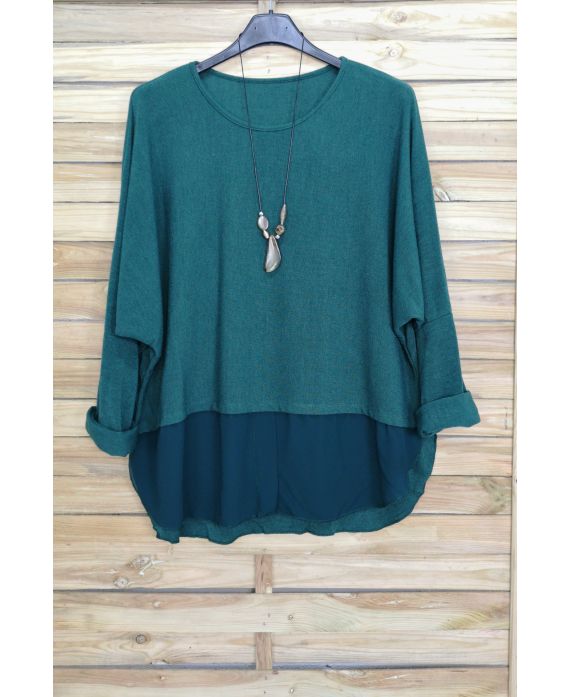 GRANDE TAILLE PULL BI-MATIERE + COLLIER OFFERT 3077 VERT MILITAIRE