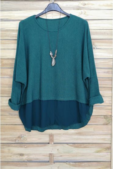 GRANDE TAILLE PULL BI-MATIERE + COLLIER OFFERT 3077 VERT MILITAIRE