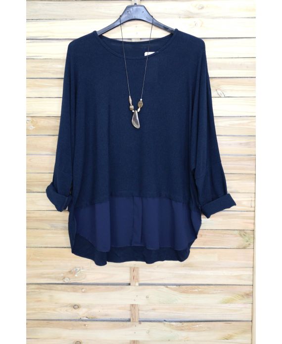 GRANDE TAILLE PULL BI-MATIERE + COLLIER OFFERT 3077 BLEU MARINE