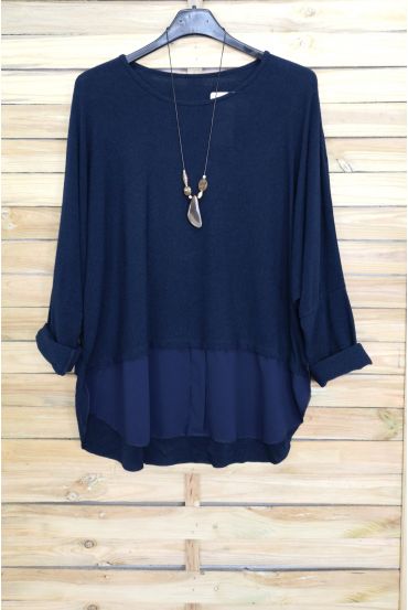 GRANDE TAILLE PULL BI-MATIERE + COLLIER OFFERT 3077 BLEU MARINE