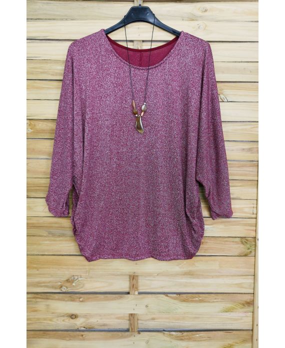 GRANDE TAILLE PULL IRISE 3073 + COLLIER OFFERT BORDEAUX ARGENTE