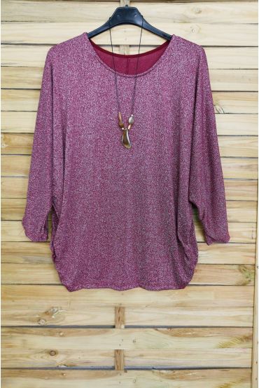 LARGE SIZE SWEATER IRIDESCENT 3073 + NECKLACE OFFERED BORDEAUX SILVER