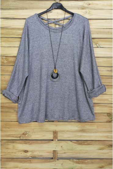 GRANDE TAILLE PULL DOS CROISE + COLLIER OFFERT 4020 GRIS