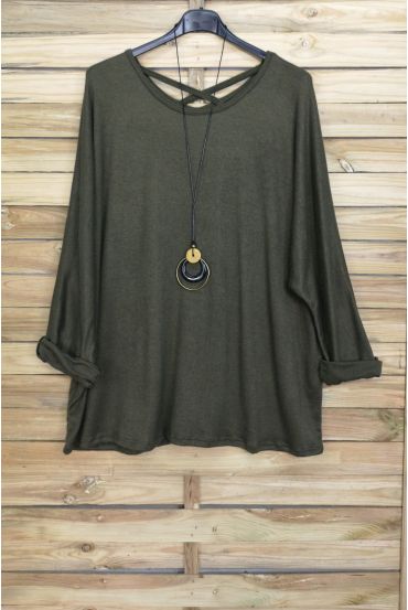 GRANDE TAILLE PULL DOS CROISE + COLLIER OFFERT 4020 VERT MILITAIRE