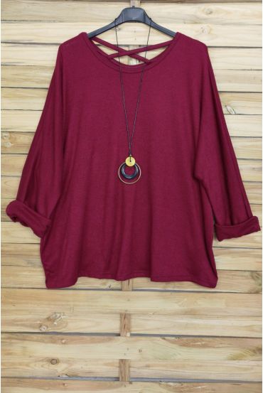 GRANDE TAILLE PULL DOS CROISE + COLLIER OFFERT 4020 BORDEAUX