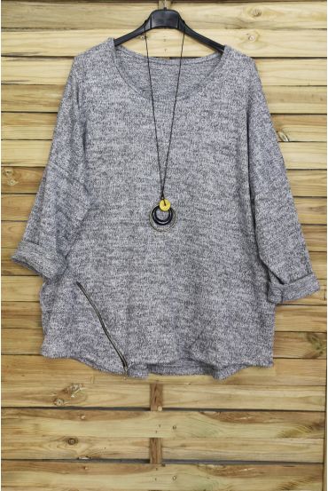 GRANDE TAILLE PULL ZIPPE + COLLIER OFFERT 4018 GRIS