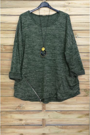 GRANDE TAILLE PULL ZIPPE + COLLIER OFFERT 4018 VERT MILITAIRE