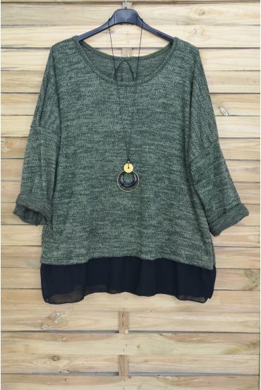 GRANDE TAILLE PULL BASE VOILAGE + COLLIER OFFERT 4012 VERT MILITAIRE