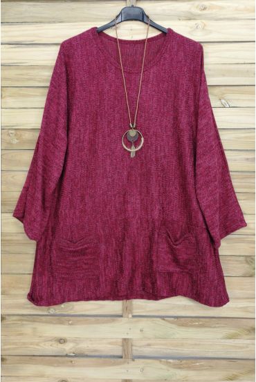 GRANDE TAILLE PULL 2 POCHES + COLLIER OFFERT 4015 BORDEAUX