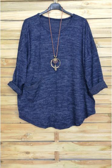 DI GRANDI DIMENSIONI MAGLIONE 1 TASCA + COLLANA OFFERTI BLU NAVY