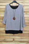 MAGLIONE OPEN BACK BI-MATERIA + COLLANA OFFERTI 4029 GRIGIO