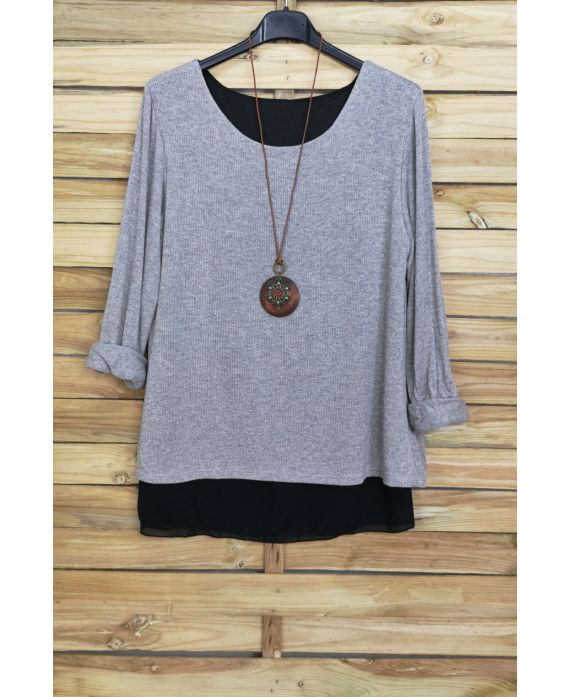 MAGLIONE OPEN BACK BI-MATERIA + COLLANA OFFERTI 4029 GRIGIO