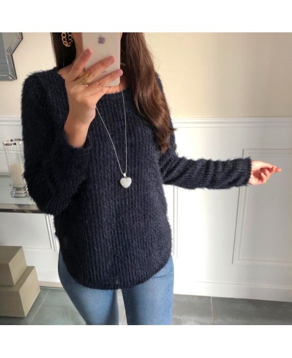 PULL A POILS DOUX + COLLIER OFFERT 5110 BLEU MARINE ...