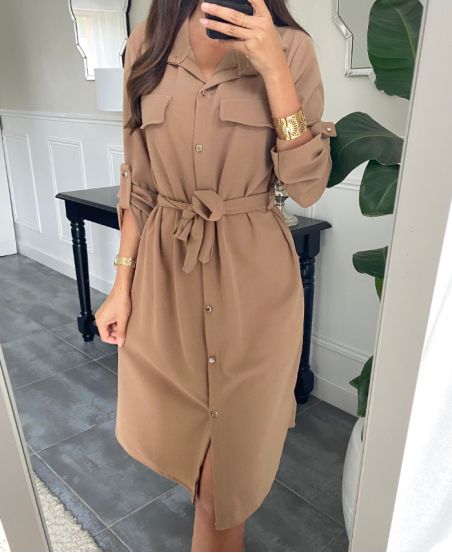 BUTTON DRESS WITH BELT 9655 CAMEL