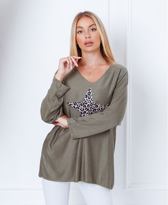 PULL FIN AMPLE ETOILE LEOPARD 8948 VERT MILITAIRE